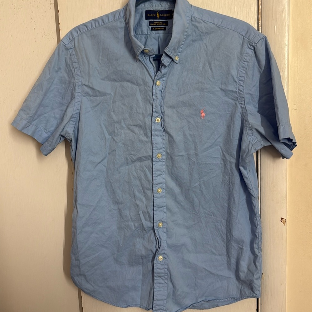 Ralph Lauren Feather Weight Twill Short Sleeve Untucked Fit Shirt In Blue Size M